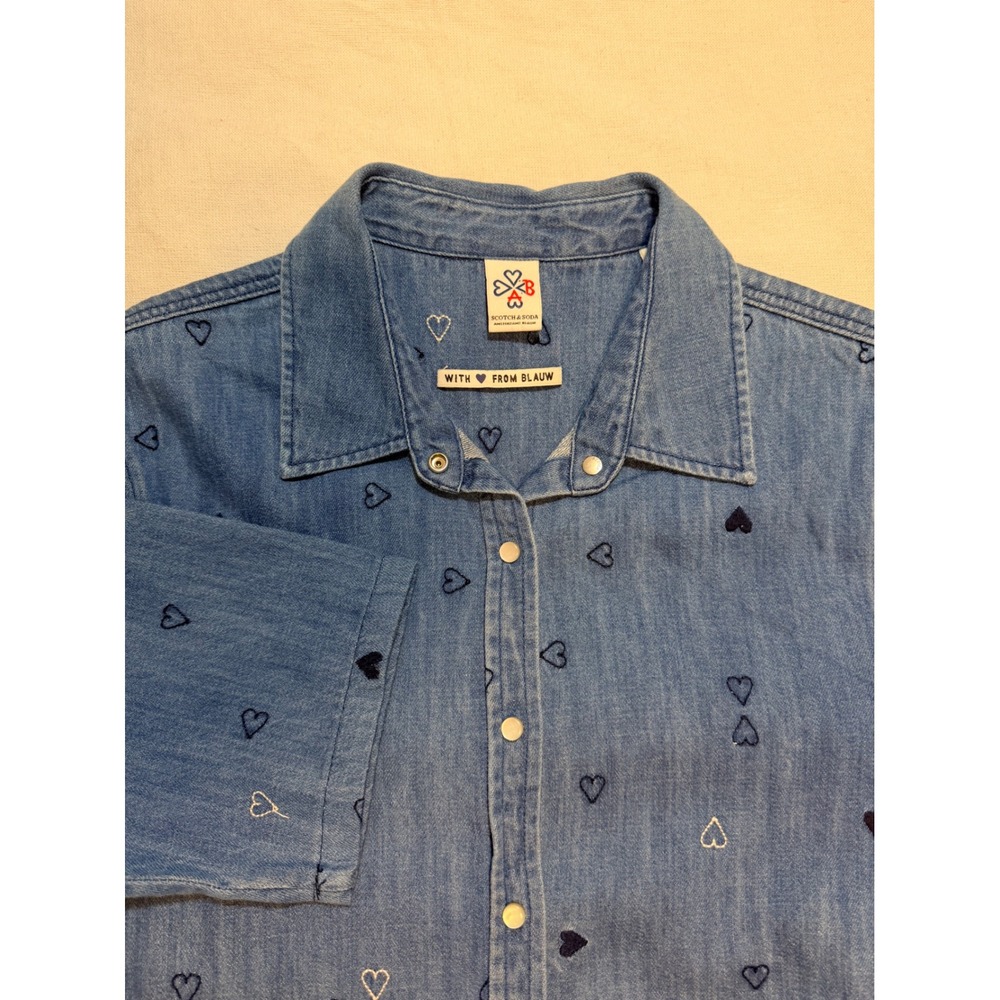 Scotch & Soda Maison Scotch Heart Embroidered Denim Shirt Blue Short Sleeve S